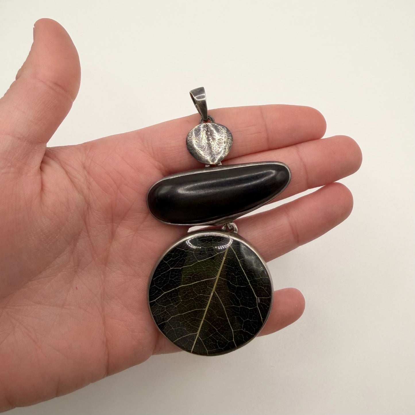 Silpada 925 Sterling Silver Black Wood & Leaf Resin Dangle Pendant