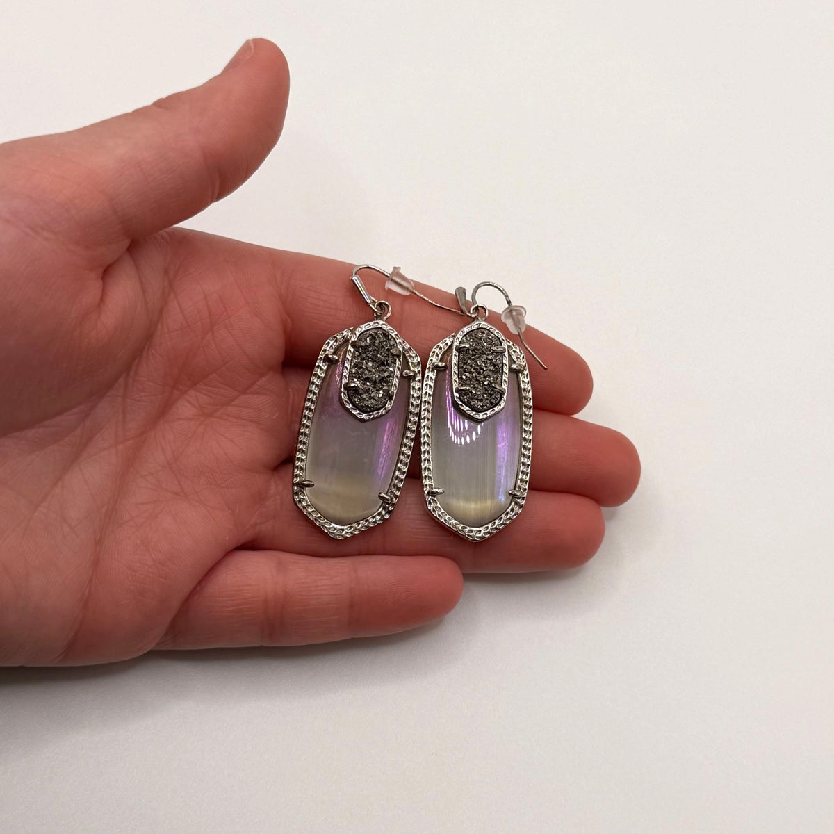 Kendra Scott Elle Drop Earrings Silver Iridescent & Black Druzy Stone