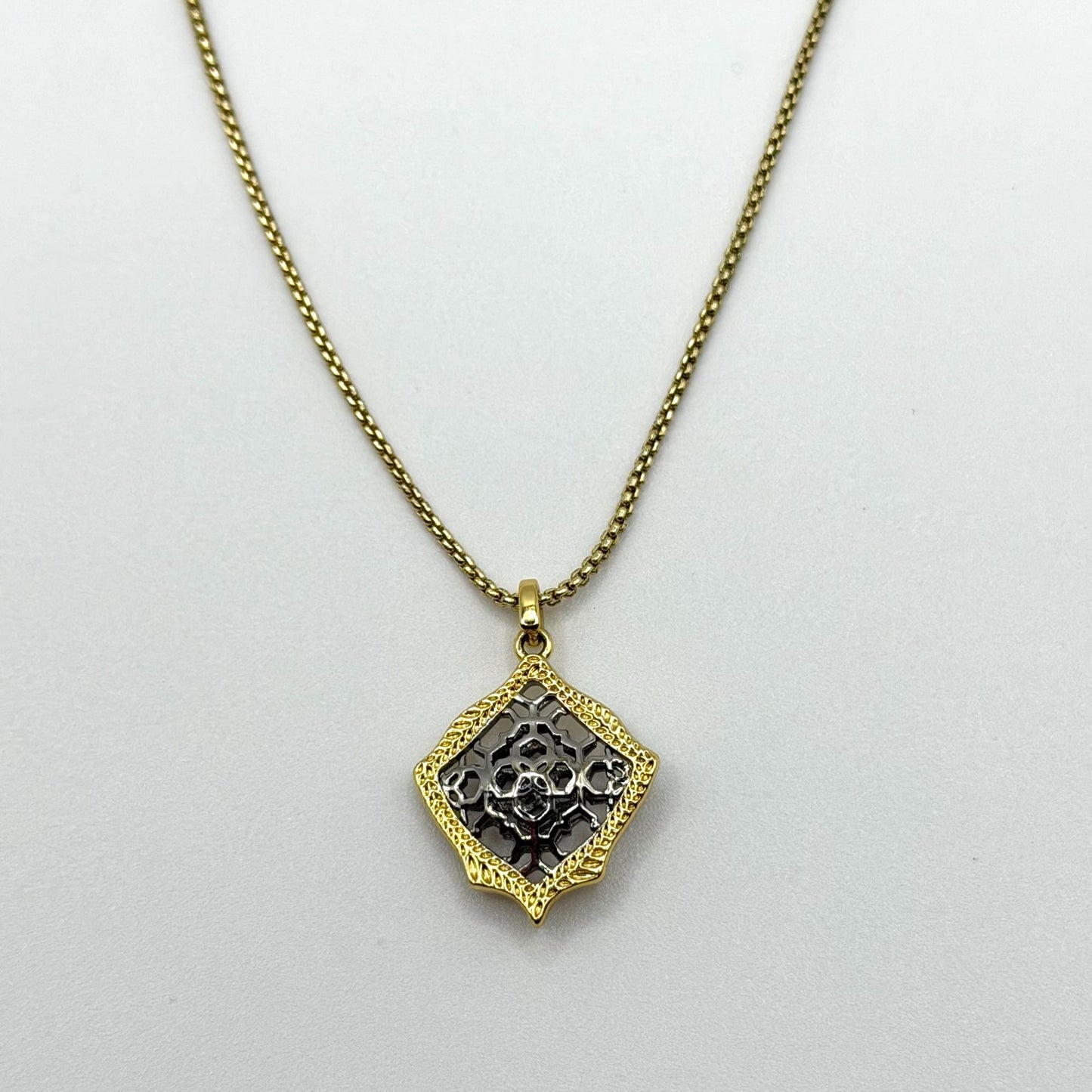 Kendra Scott Silver And Gold Tone Necklace With Intricate Filigree Floral Pendant