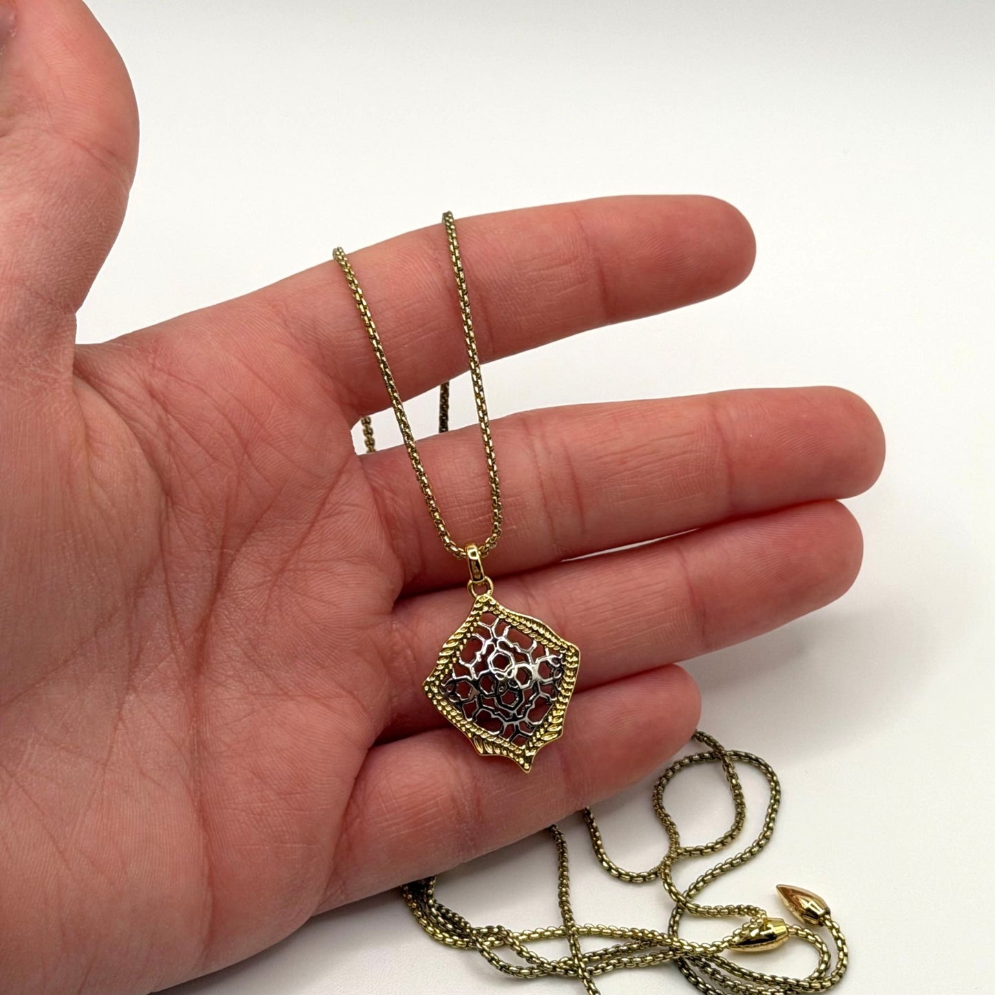 Kendra Scott Silver And Gold Tone Necklace With Intricate Filigree Floral Pendant