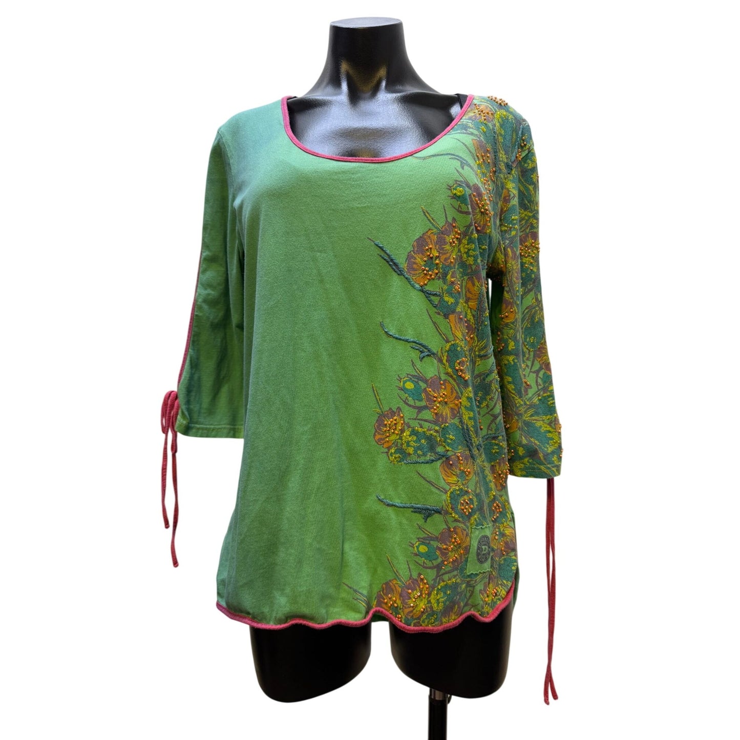 Double D Ranch Green Beaded Blouse Sz M 3/4 Sleeves
