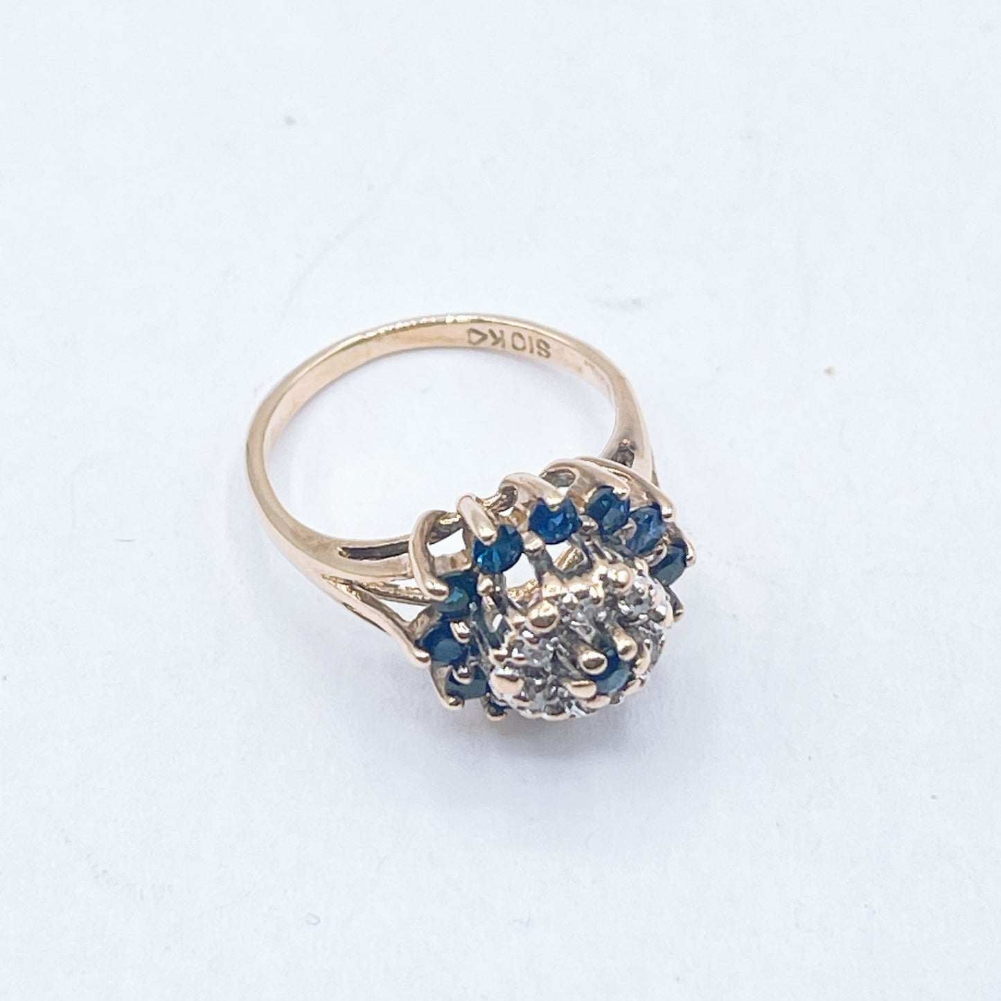 10K Yellow Gold Round Floral Sapphire & Diamond Double Halo Cocktail Ring size 5