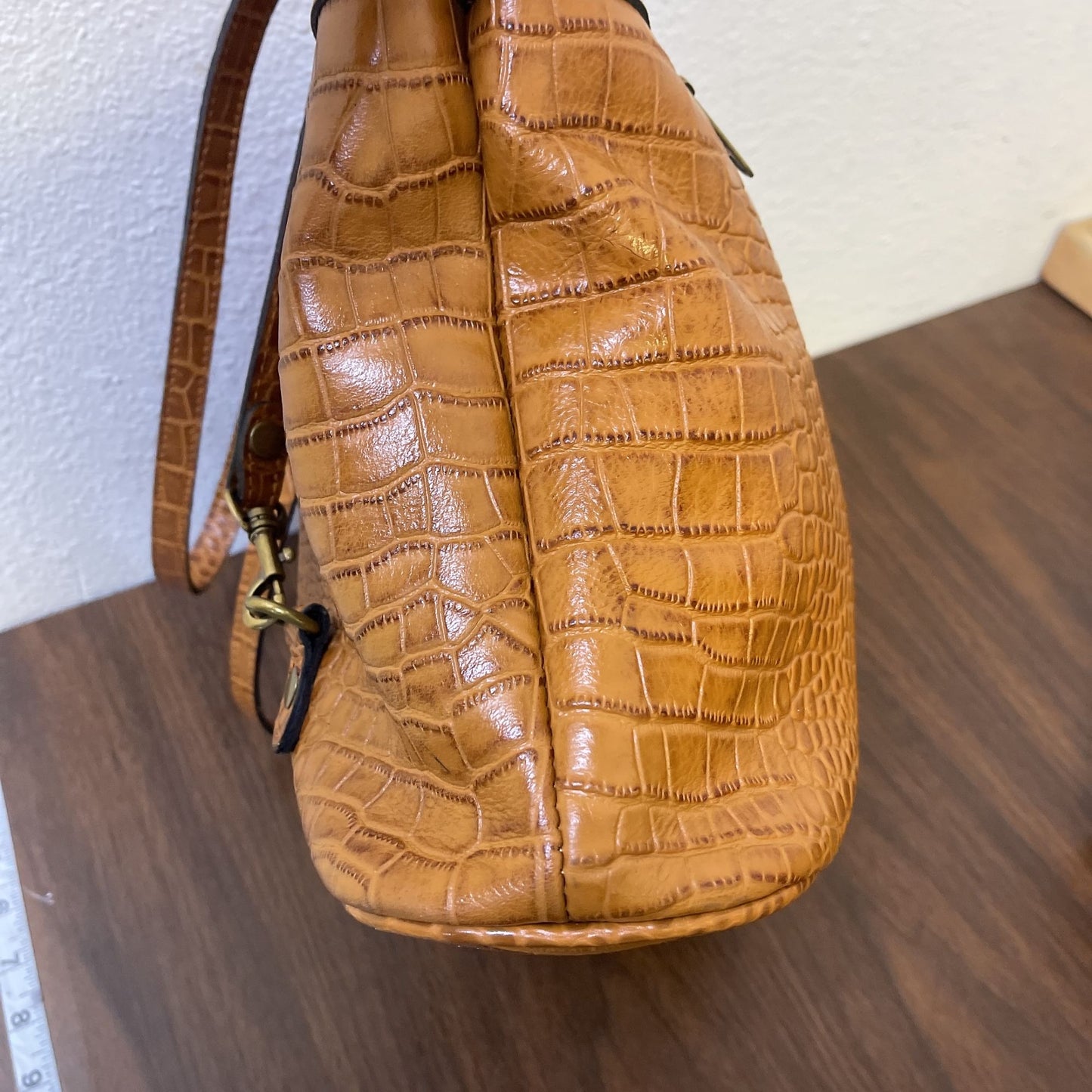 Patricia Nash Cognac Brown Albi Convertible Leather Back Pack/Handbag Purse Croc Embossed