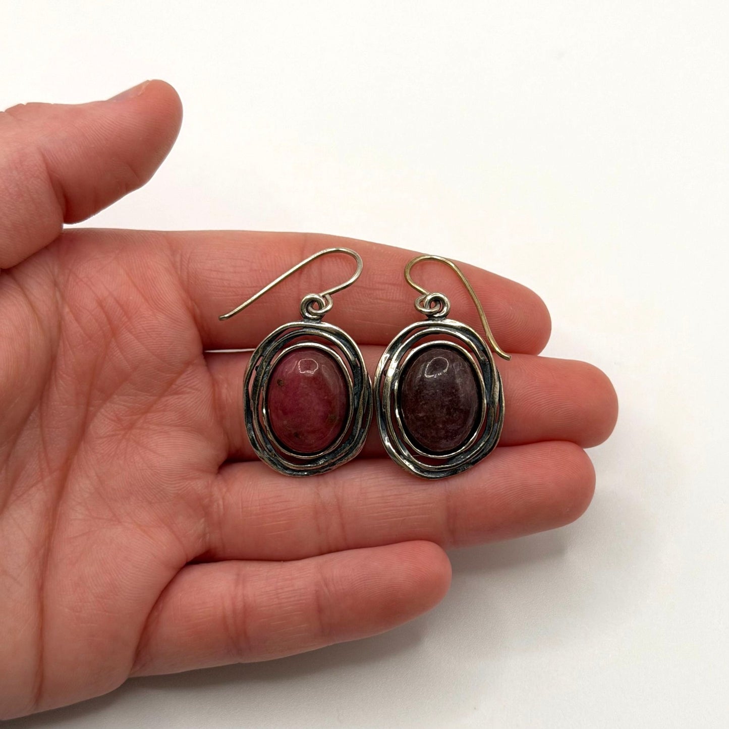 Israel 925 Sterling Silver Pink & Brown Rhodonite Dangle Earrings