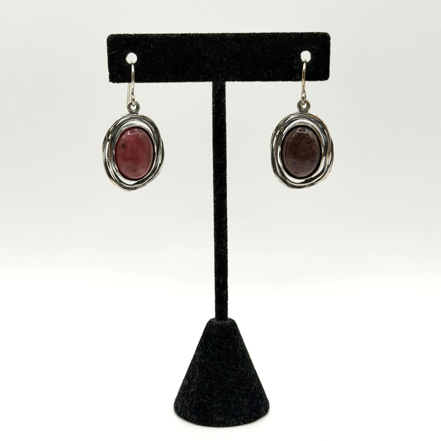 Israel 925 Sterling Silver Pink & Brown Rhodonite Dangle Earrings