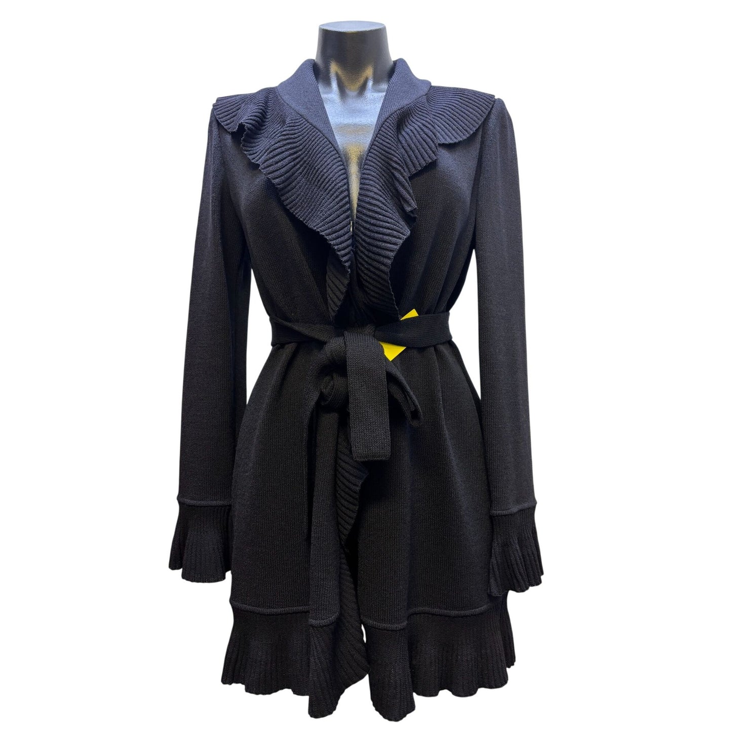 St. John Collection Black Ruffle Trim Knit Cardigan Sweater With Belt S