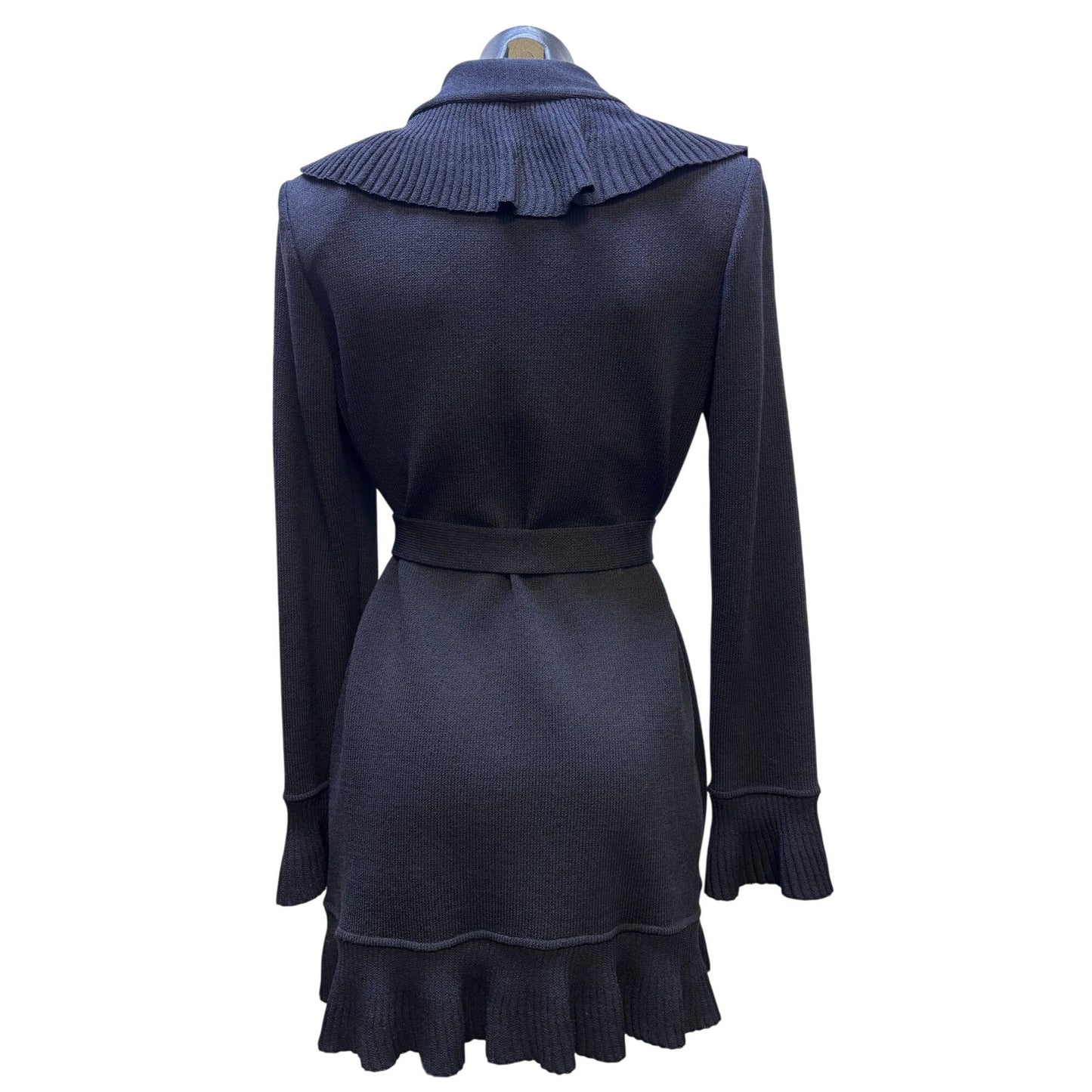 St. John Collection Black Ruffle Trim Knit Cardigan Sweater With Belt S