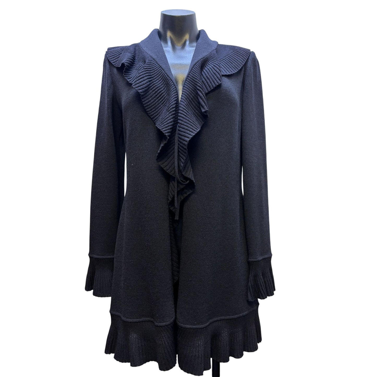 St. John Collection Black Ruffle Trim Knit Cardigan Sweater With Belt S