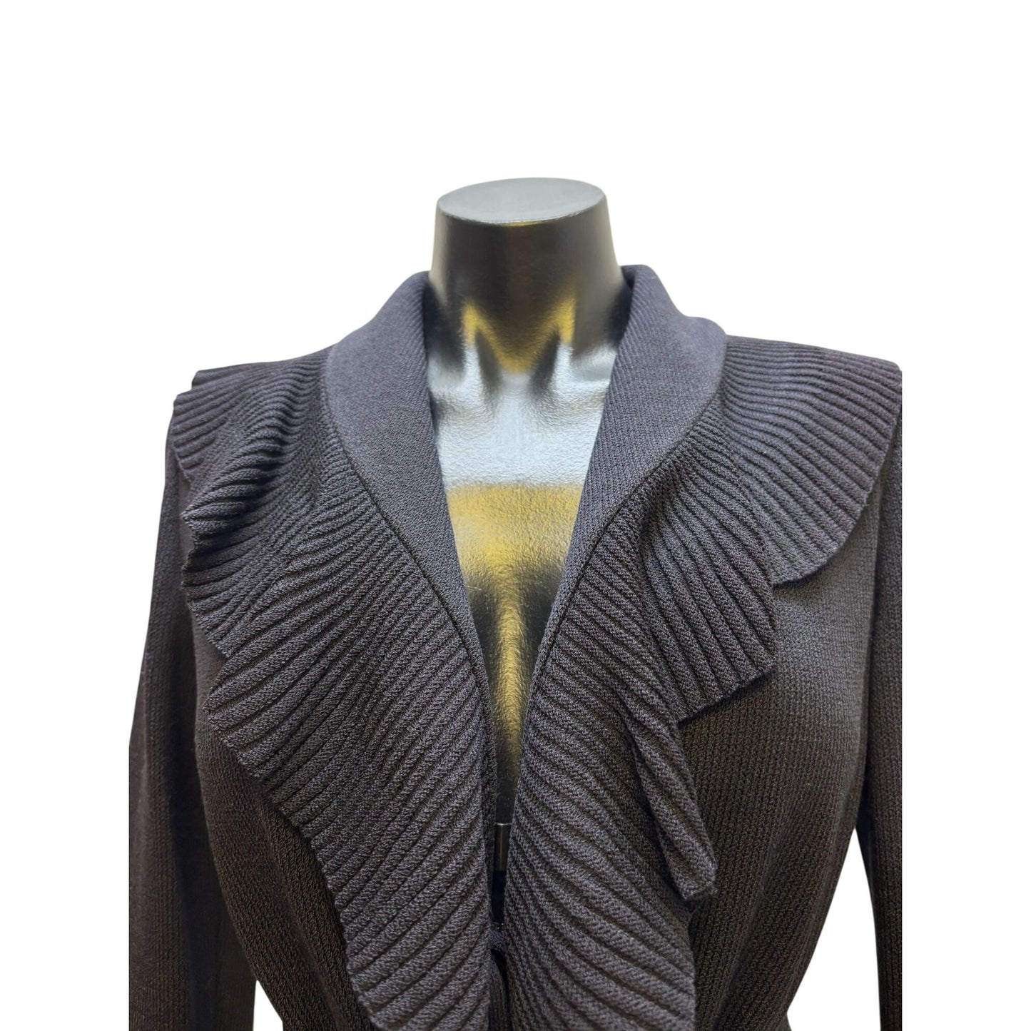 St. John Collection Black Ruffle Trim Knit Cardigan Sweater With Belt S