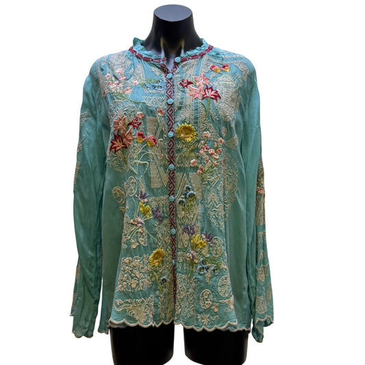 Johnny Was Embroidered Turquoise Multi Blouse Boho Chic Long Sleeve Size L