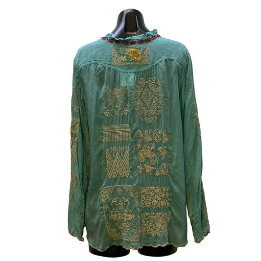 Johnny Was Embroidered Turquoise Multi Blouse Boho Chic Long Sleeve Size L