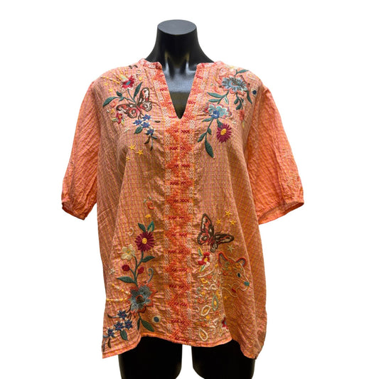 Johnny Was Embroidered Crinkle Top Orange L