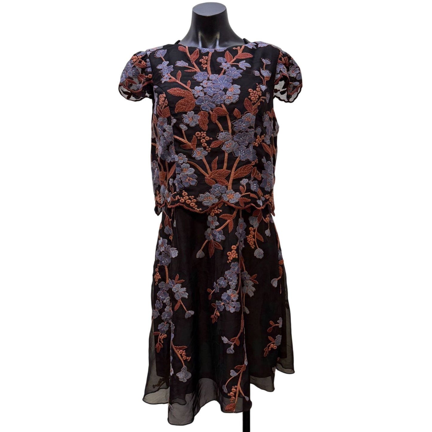 NWT Eva Franco Black Dress With Floral Embroidery In Blue & Brown Size 10