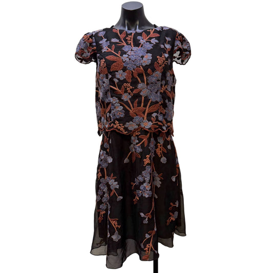 NWT Eva Franco Black Dress With Floral Embroidery In Blue & Brown Size 10