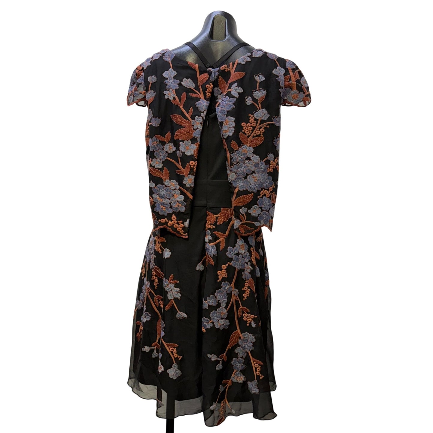 NWT Eva Franco Black Dress With Floral Embroidery In Blue & Brown Size 10