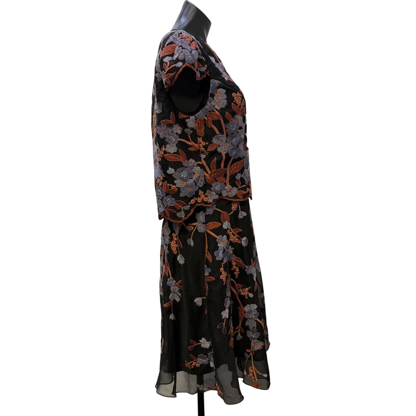 NWT Eva Franco Black Dress With Floral Embroidery In Blue & Brown Size 10