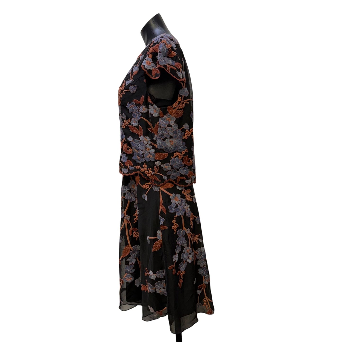NWT Eva Franco Black Dress With Floral Embroidery In Blue & Brown Size 10
