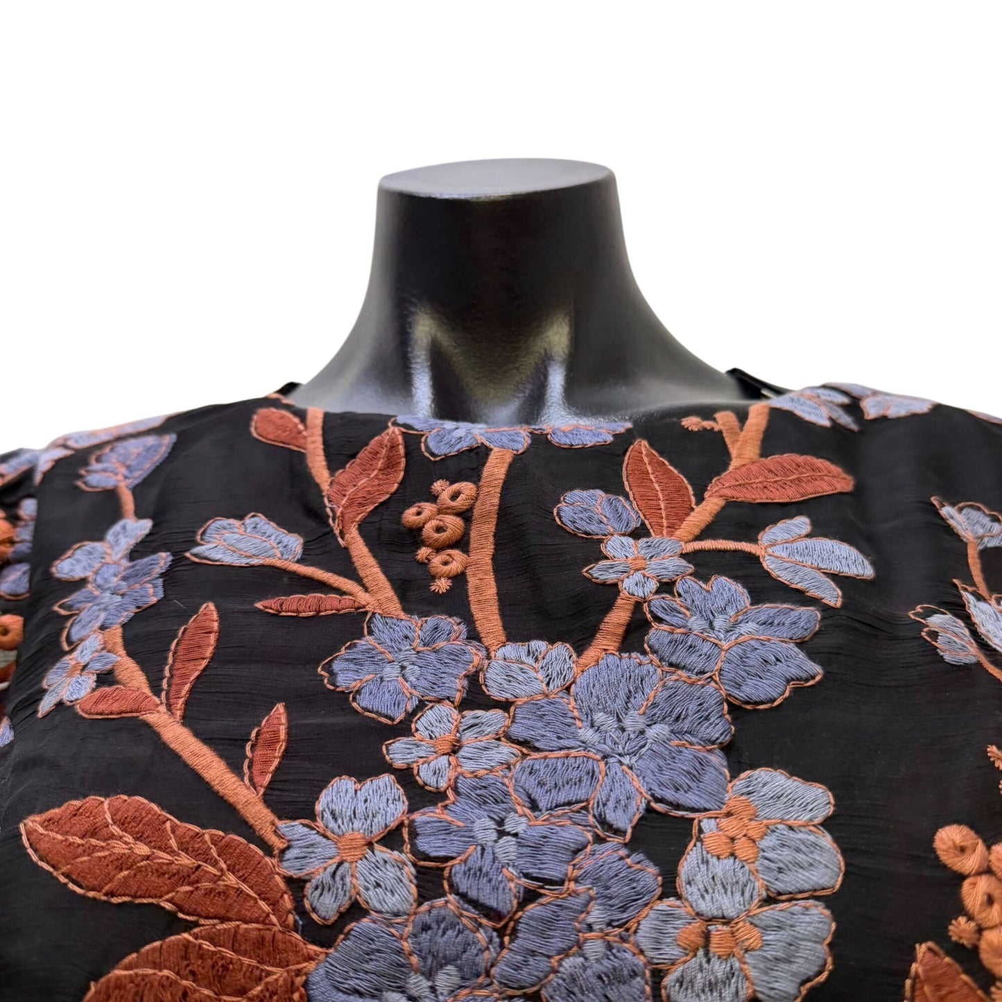 NWT Eva Franco Black Dress With Floral Embroidery In Blue & Brown Size 10