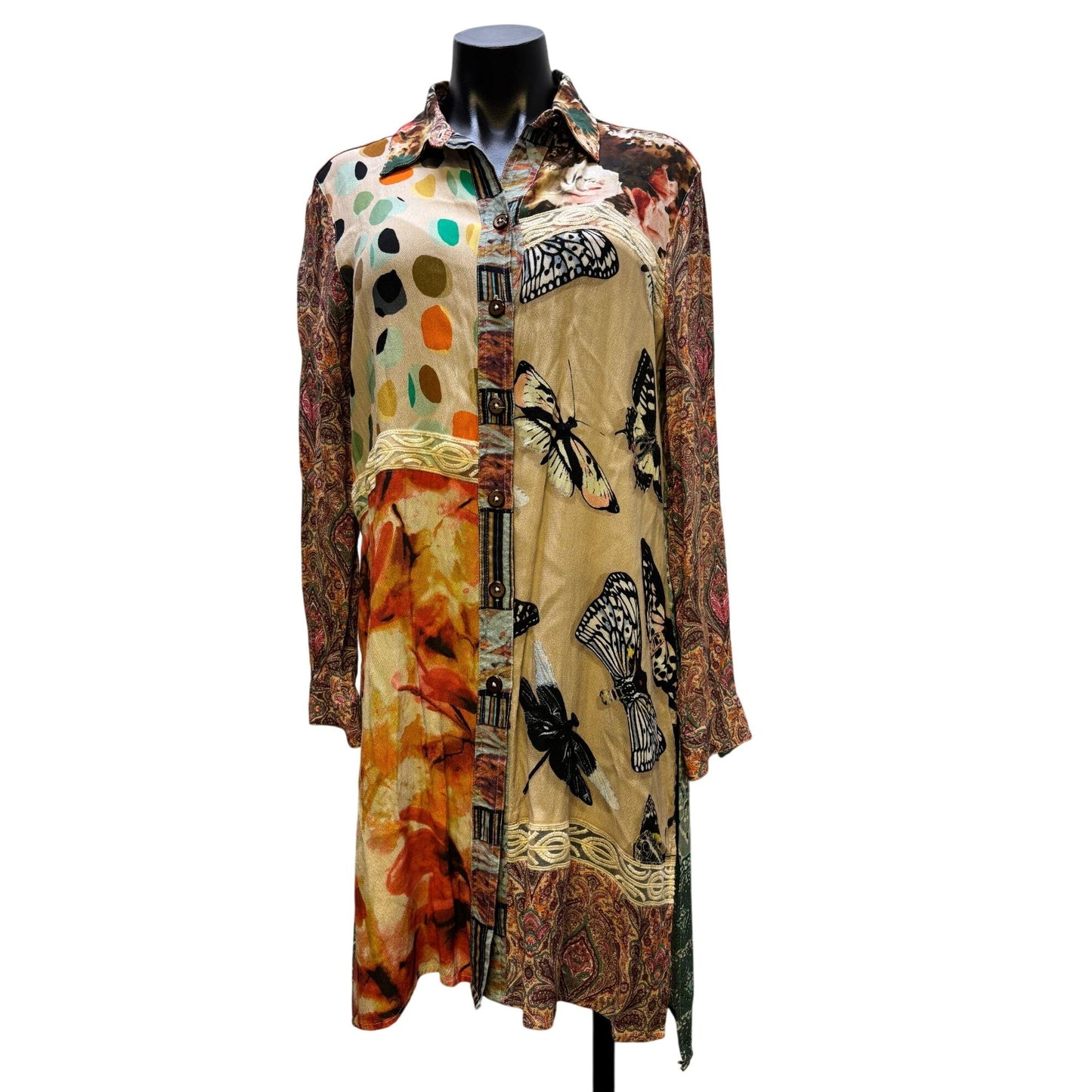 John Mark Button-Down Print Tunic Dress Tan Multi M