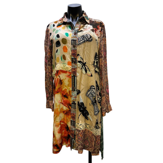 John Mark Button-Down Print Tunic Dress Tan Multi M