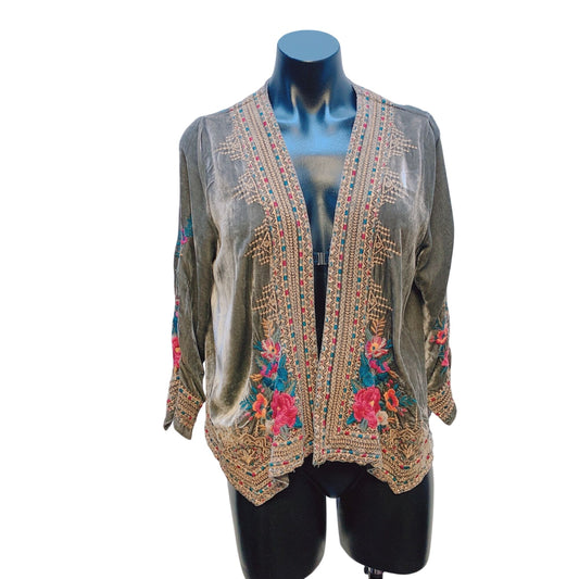 Johnny Was Los Angeles Sage W/Multicolored Embroidery Kimono Jacket Size S