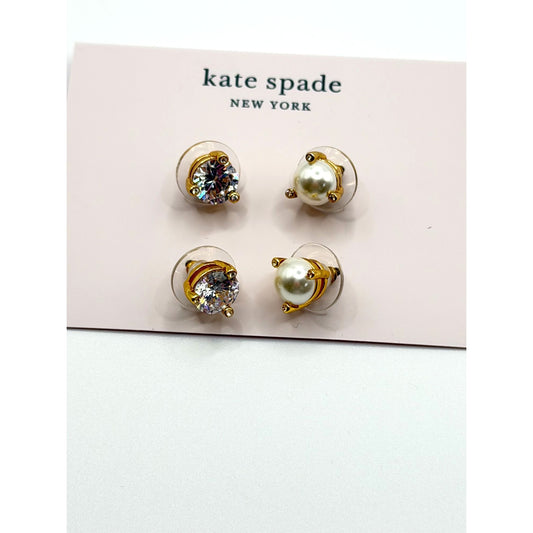 Kate Spade Rise & Shine Stud Earrings Set Of 2 Gold With Crystal & Pearl Details
