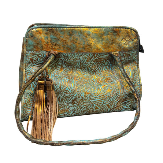 Patricia Nash Embossed Leather Satchel Bag With Tassel Turquoise & Gold Boho
