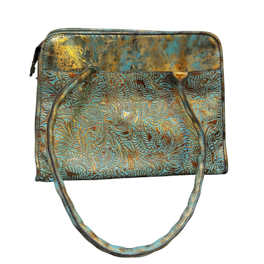 Patricia Nash Embossed Leather Satchel Bag With Tassel Turquoise & Gold Boho