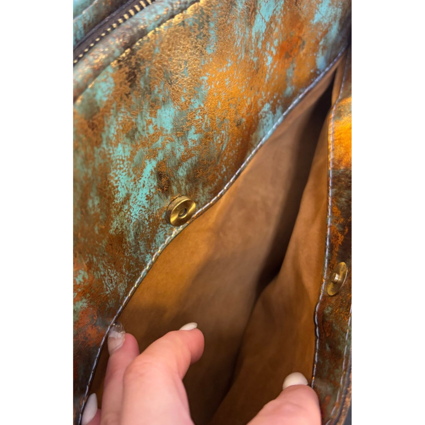 Patricia Nash Embossed Leather Satchel Bag With Tassel Turquoise & Gold Boho