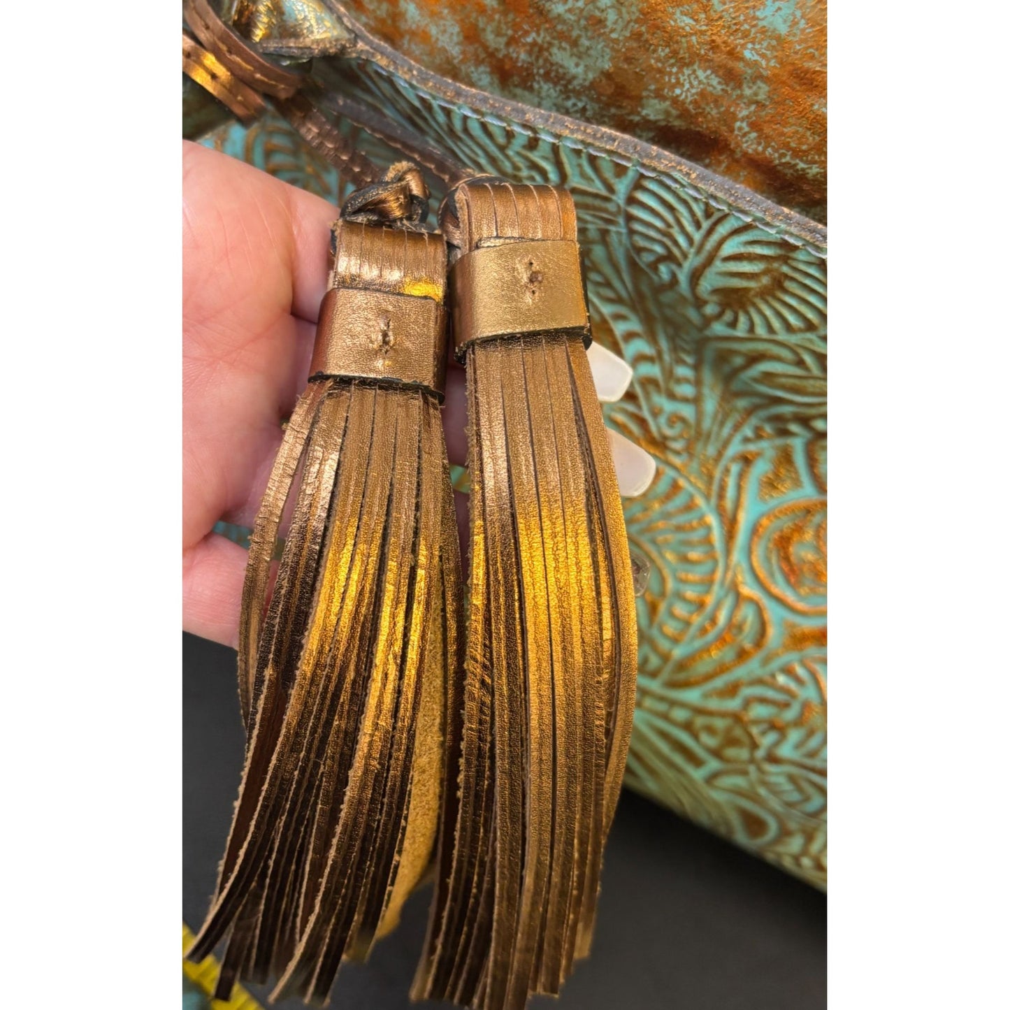 Patricia Nash Embossed Leather Satchel Bag With Tassel Turquoise & Gold Boho