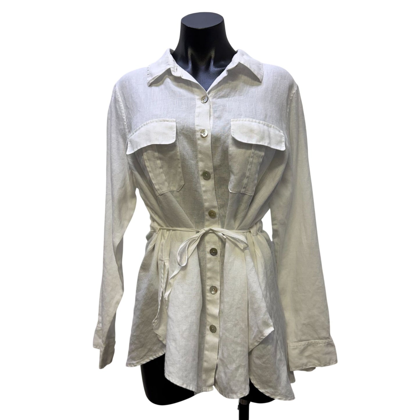 Soft Surroundings Linen Tunic Blouse White Belted Long Sleeve L