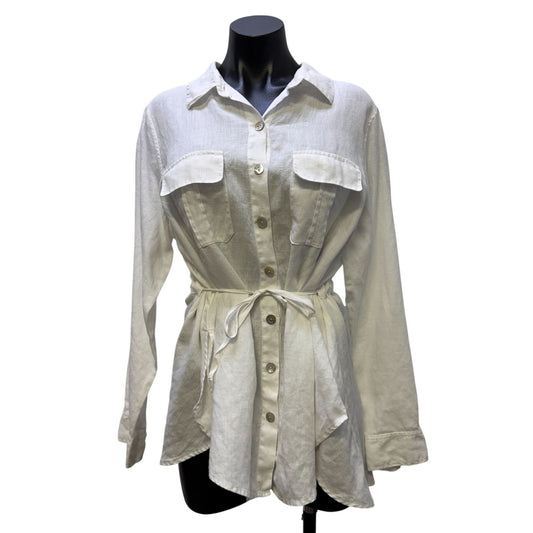 Soft Surroundings Linen Tunic Blouse White Belted Long Sleeve L