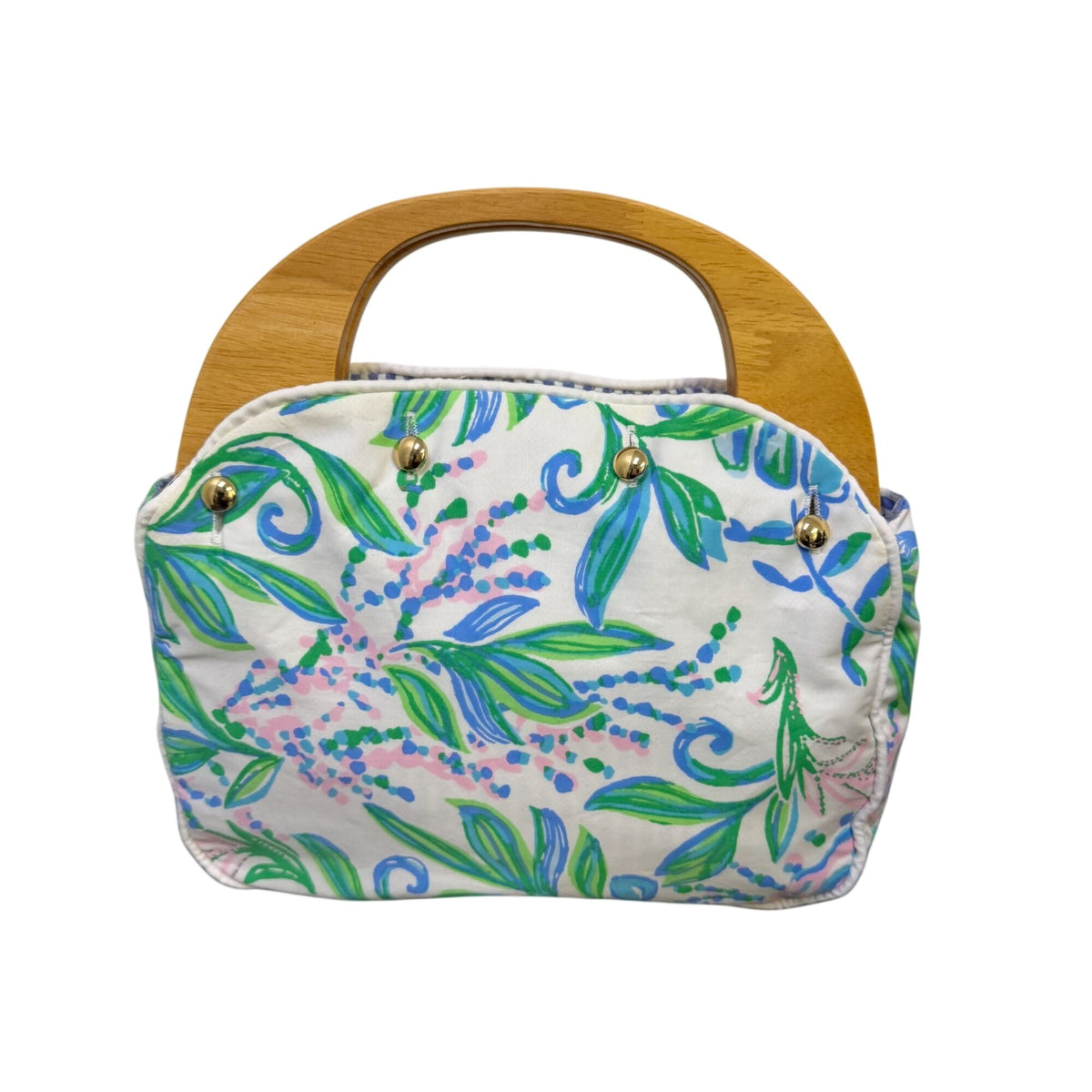 Lilly Pulitzer Wooden Handle Floral Canvas Tote Bag White Multicolor