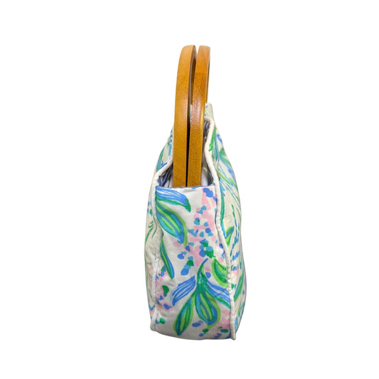 Lilly Pulitzer Wooden Handle Floral Canvas Tote Bag White Multicolor
