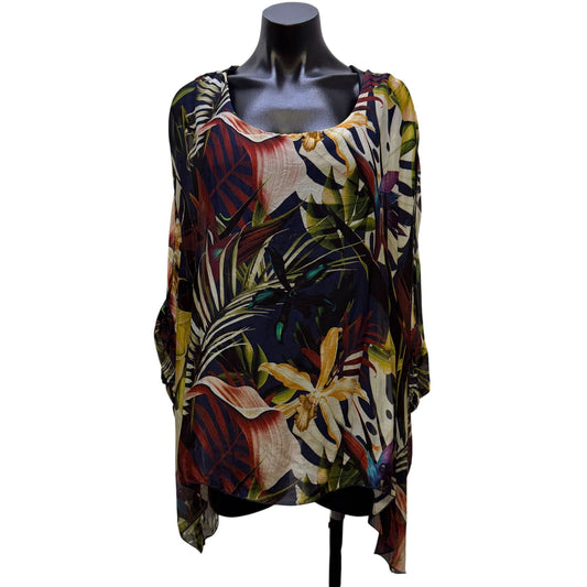 Tempo Paris Silk Blend Floral Print Blouse Navy Multi M/L