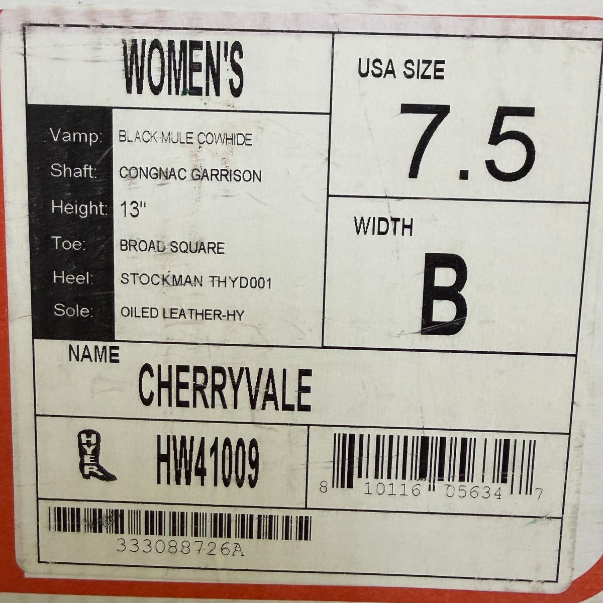 Hyer Cherryvale Black Mule Cowhide Western Boots 7.5