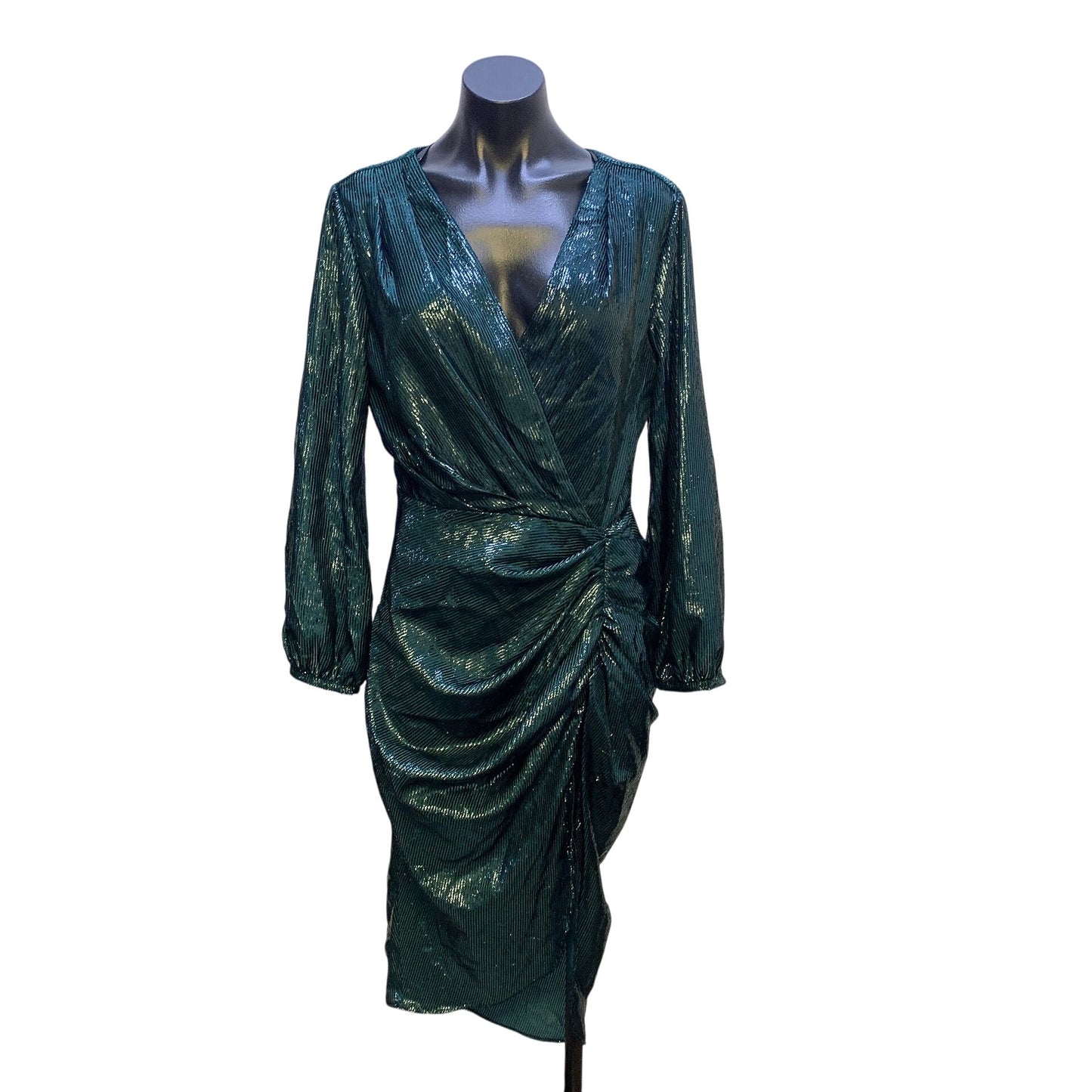 Amanda Uprichard Green Shimmer Long Sleeve Wrap Dress M