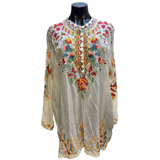 Johnny Was Vintage Bohemian Embroidered Long Sleeve Tunic Top w/Floral & Geometric Patterns Size XL