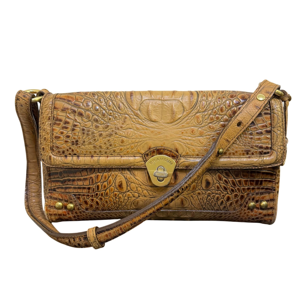Brahmin Tan Brown Leather Embossed Croc Shoulder Bag & Matching Wallet Set