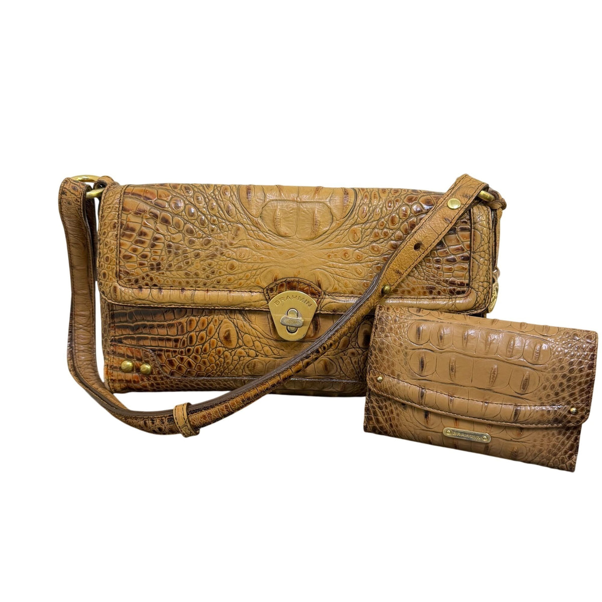 Brahmin Tan Brown Leather Embossed Croc Shoulder Bag & Matching Wallet Set