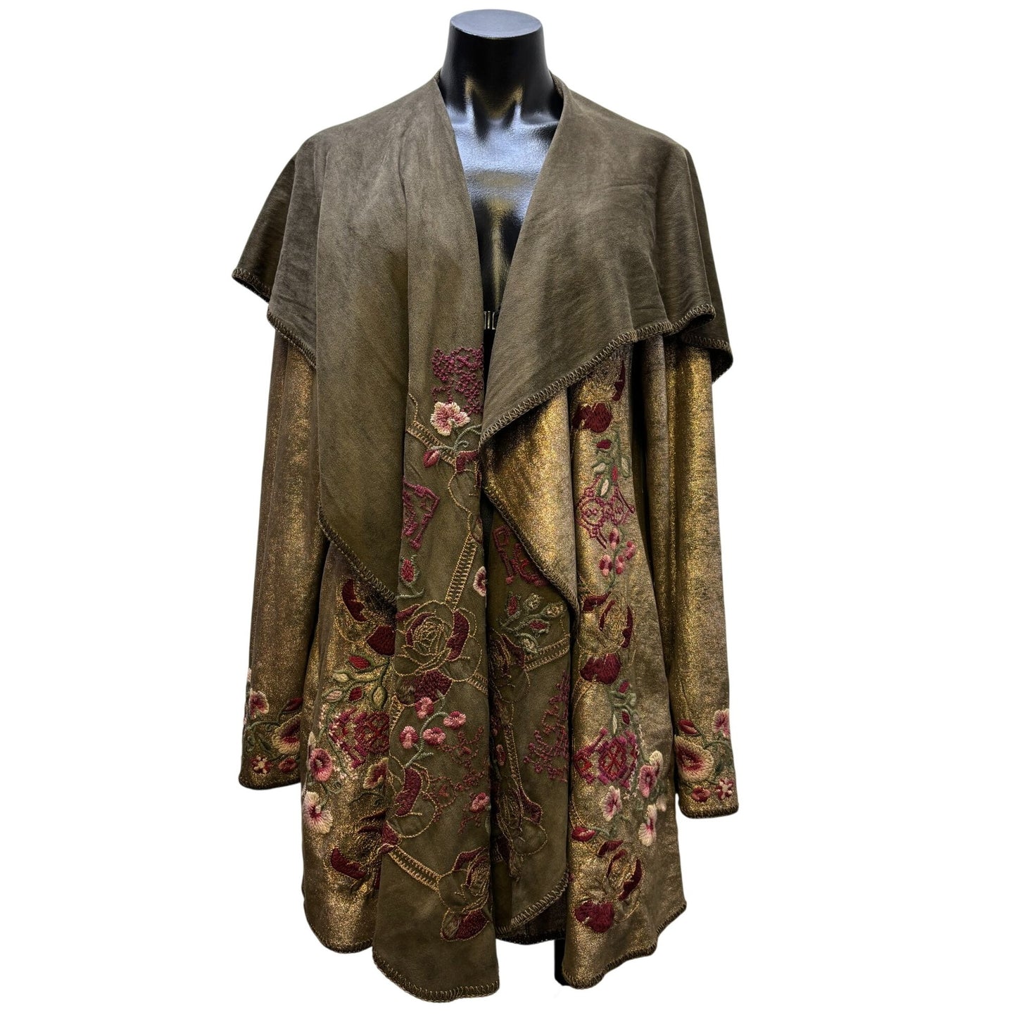 Biya Johnny Was Olive Hooded Embroidered Open-Front Jacket M