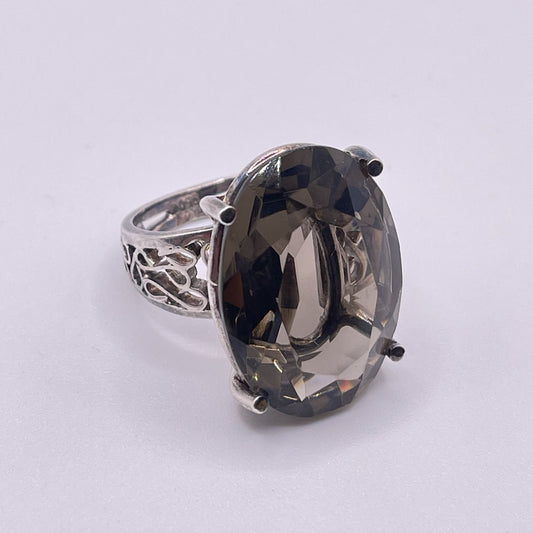 Sterling Silver .950 Oval Smoky Quartz Filigree Statement Ring 8