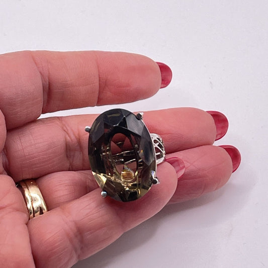 Sterling Silver .950 Oval Smoky Quartz Filigree Statement Ring 8
