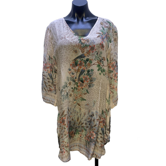 NWT Johnny Was Cream w/Multicolored Embroidery Tunic Blouse Size Large