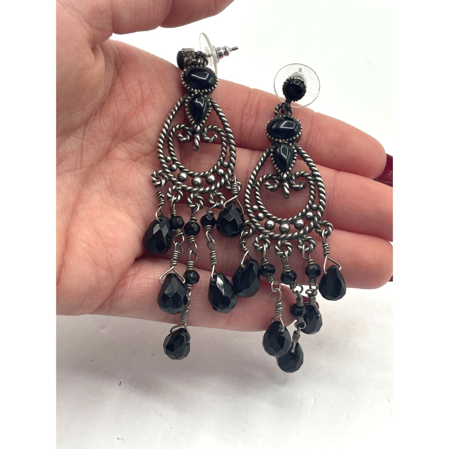 Vintage 925 Sterling Silver & Onyx Chandelier Earrings