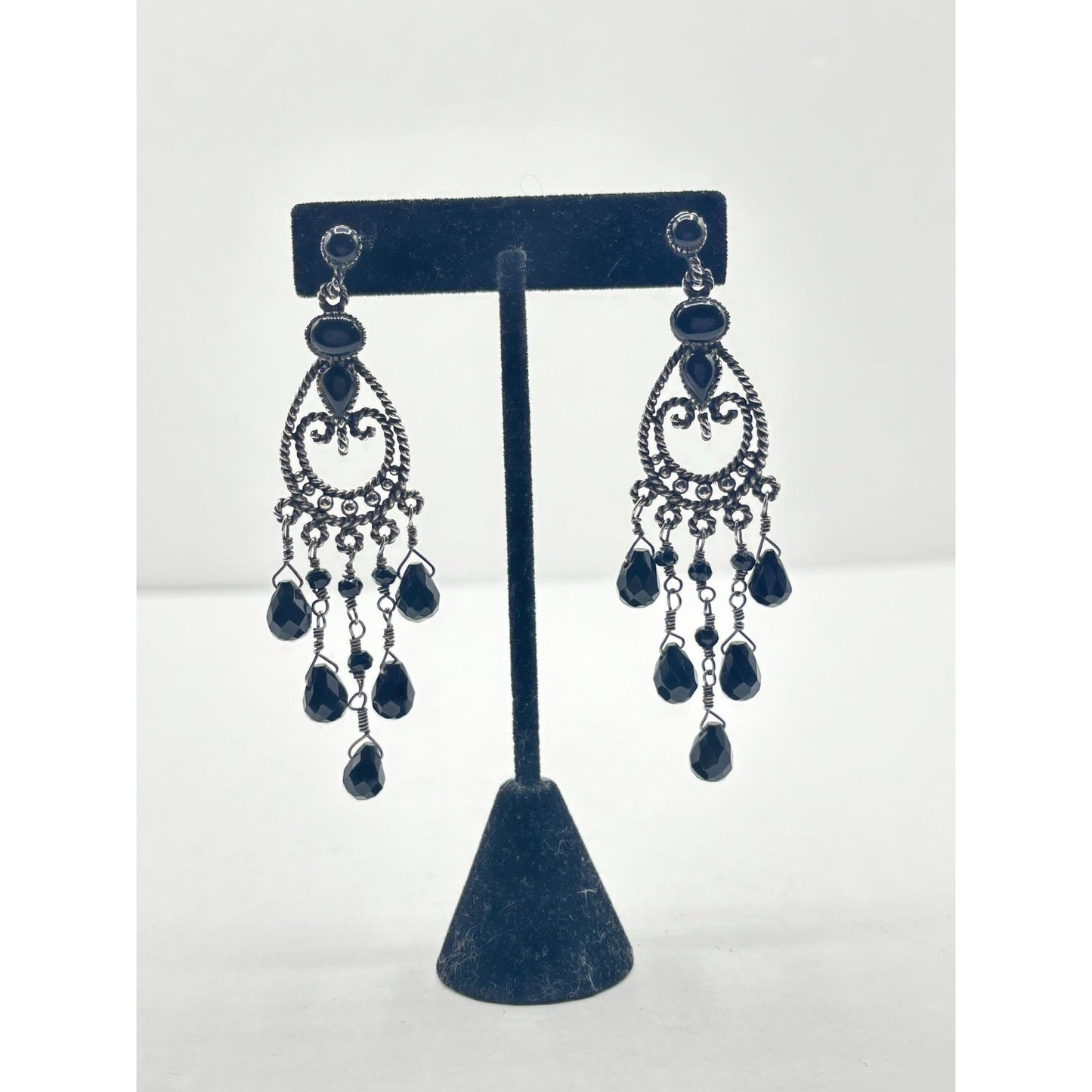 Vintage 925 Sterling Silver & Onyx Chandelier Earrings