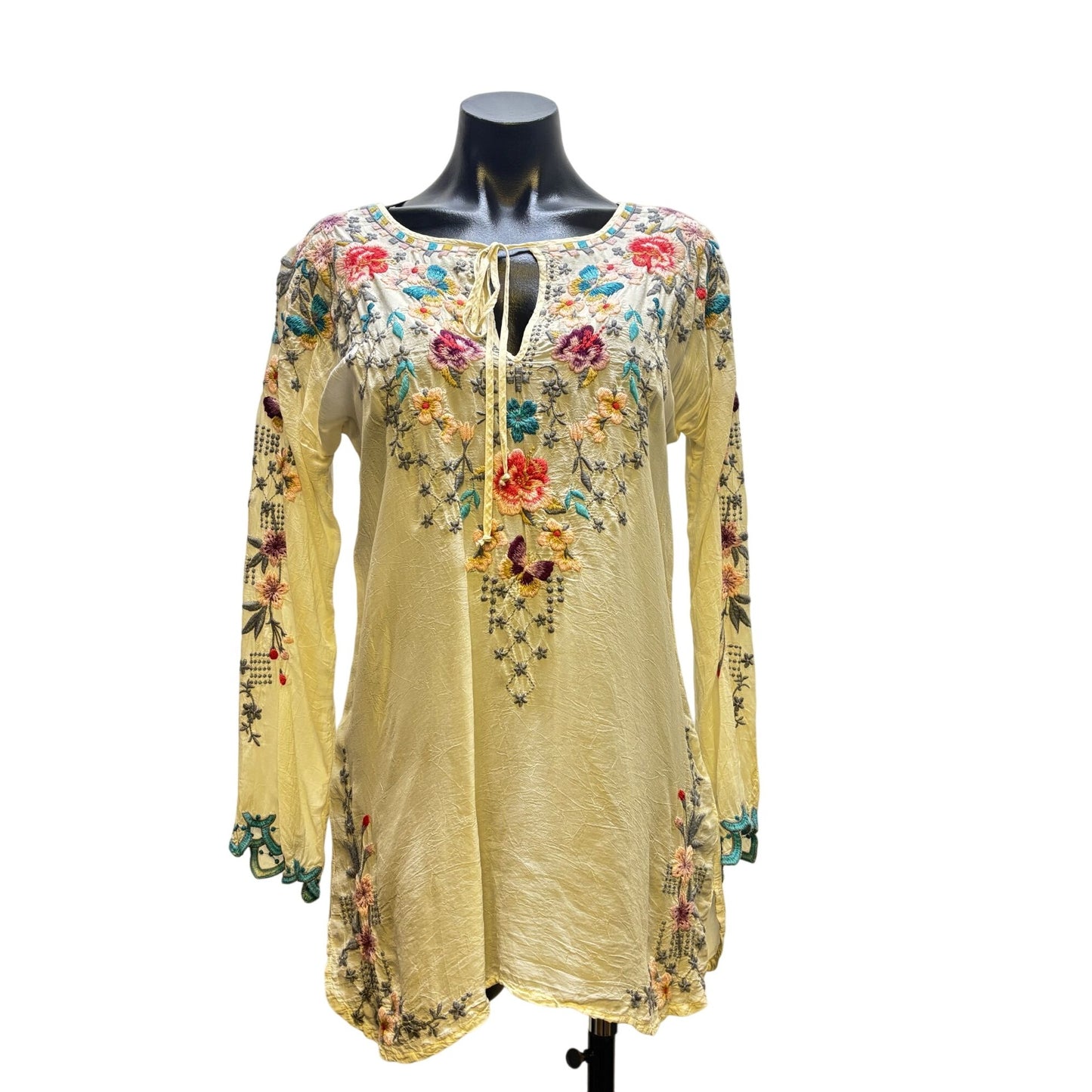 Johnny Was Embroidered Floral Tunic Top Beige S