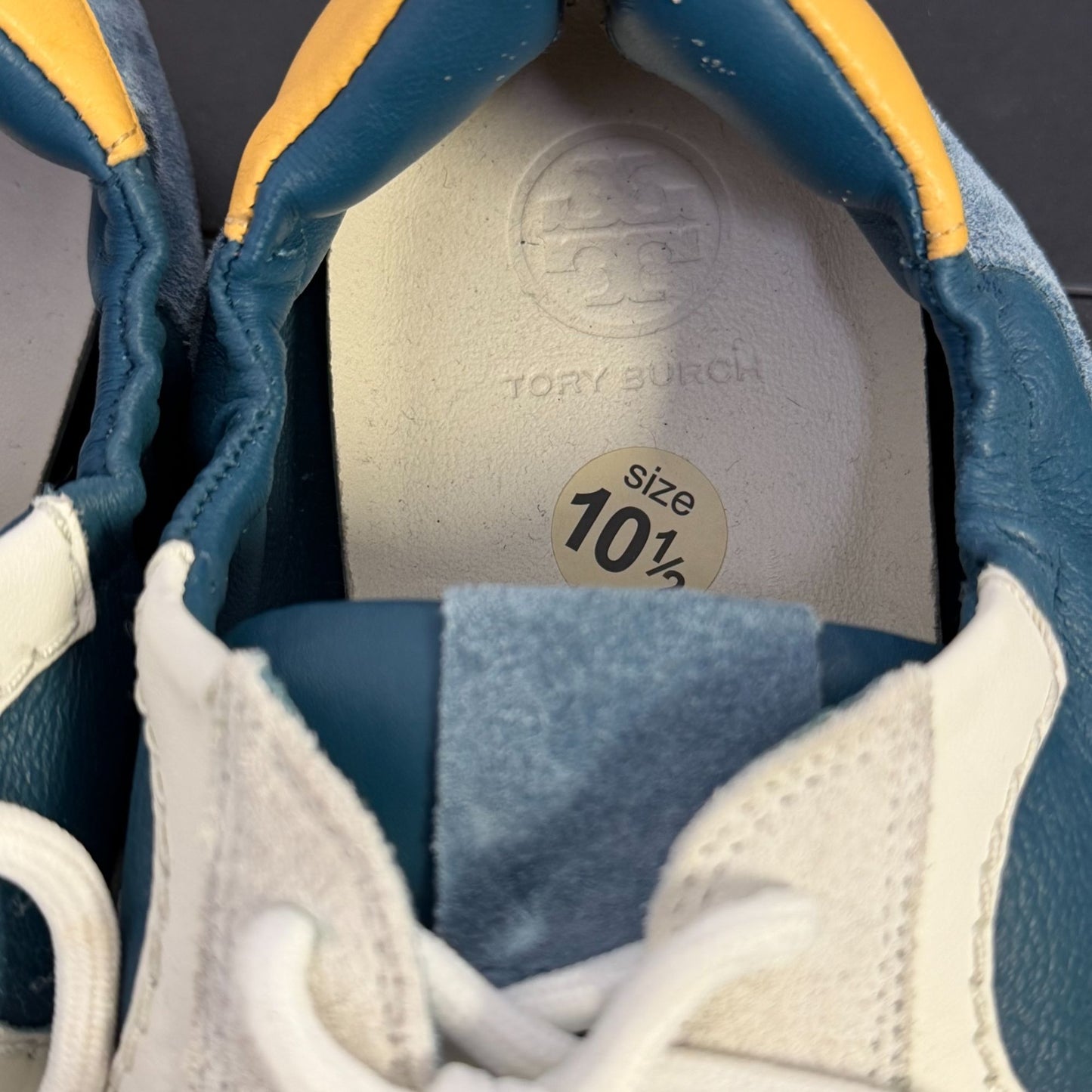 Tory Burch Sneakers Teal & Ivory Leather Suede Lace-Up Size 10.5