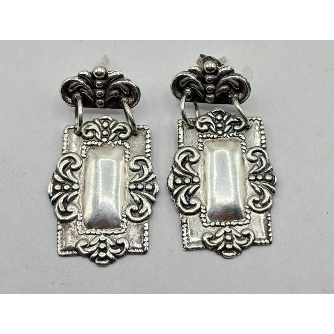Antique Style 925 Silver Dangle Earrings Ornate Rectangular Design