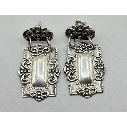 Antique Style 925 Silver Dangle Earrings Ornate Rectangular Design